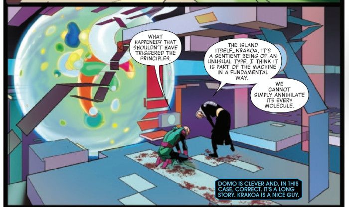 image of panel from Eye of Judgment 1, where Druig is on his knees, saying "What happened? That shouldn't have triggered the principles." Domo leans down to him and says, "The island itself...Krakoa. It's a sentient being of an unusual type. I think it is part of the machine in a fundamental way. We cannot simply annihilate its every molecule." The caption beneath reads, "Domo is clever and, in this case, correct. It's a long story, Krakoa is a nice guy."