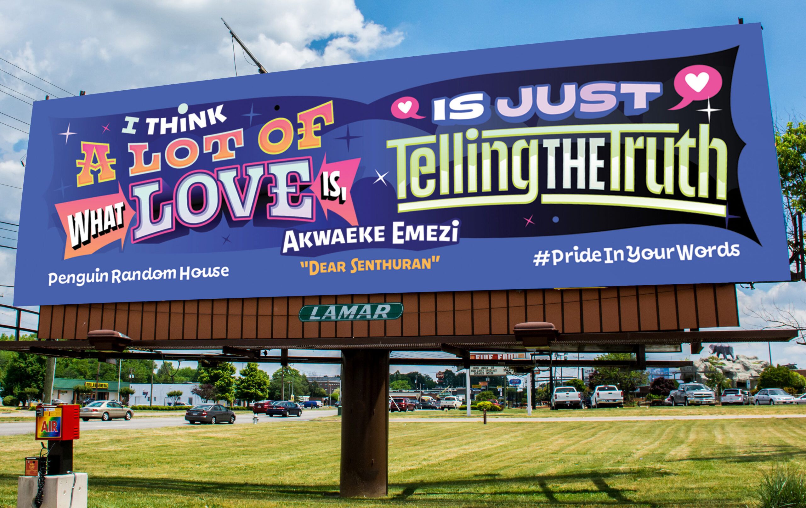 a photo of a billboard with artistic lettering reading 