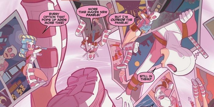 From Unbelievable Gwenpool #19. Gwenpool wanders around outside the panels of her own comic.