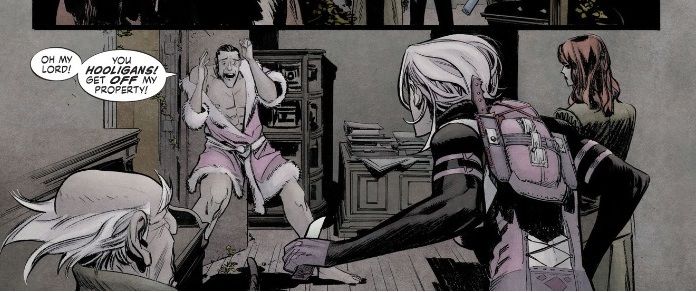 From White Knight #5. Bruce Wayne, wearing a short pink robe, dramatically freaks out as Harley Quinn invades Wayne Manor.