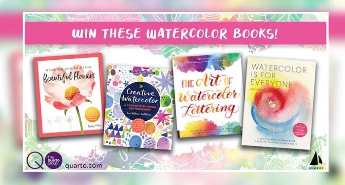 Floral watercolor background with a pink banner reading “Win these watercolor books!” above the book covers for Drawing and Painting Beautiful Flowers by Kyehyun Park, Creative Watercolor by Ana Victoria Calderón, The Art of Watercolor Lettering by Kelly Klapstein, and Watercolor Is for Everyone by Kateri Ewing