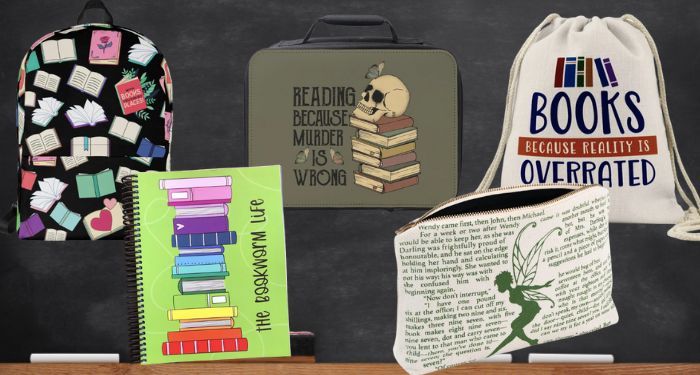 collage of bookish school supplies, including images of backpacks, lunch boxes, notebooks, and pencil pouches