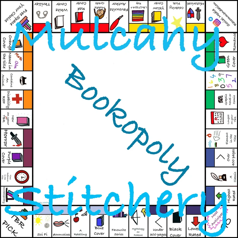 Image of a game board mirrored after Monopoly but with book themes for each space. 
