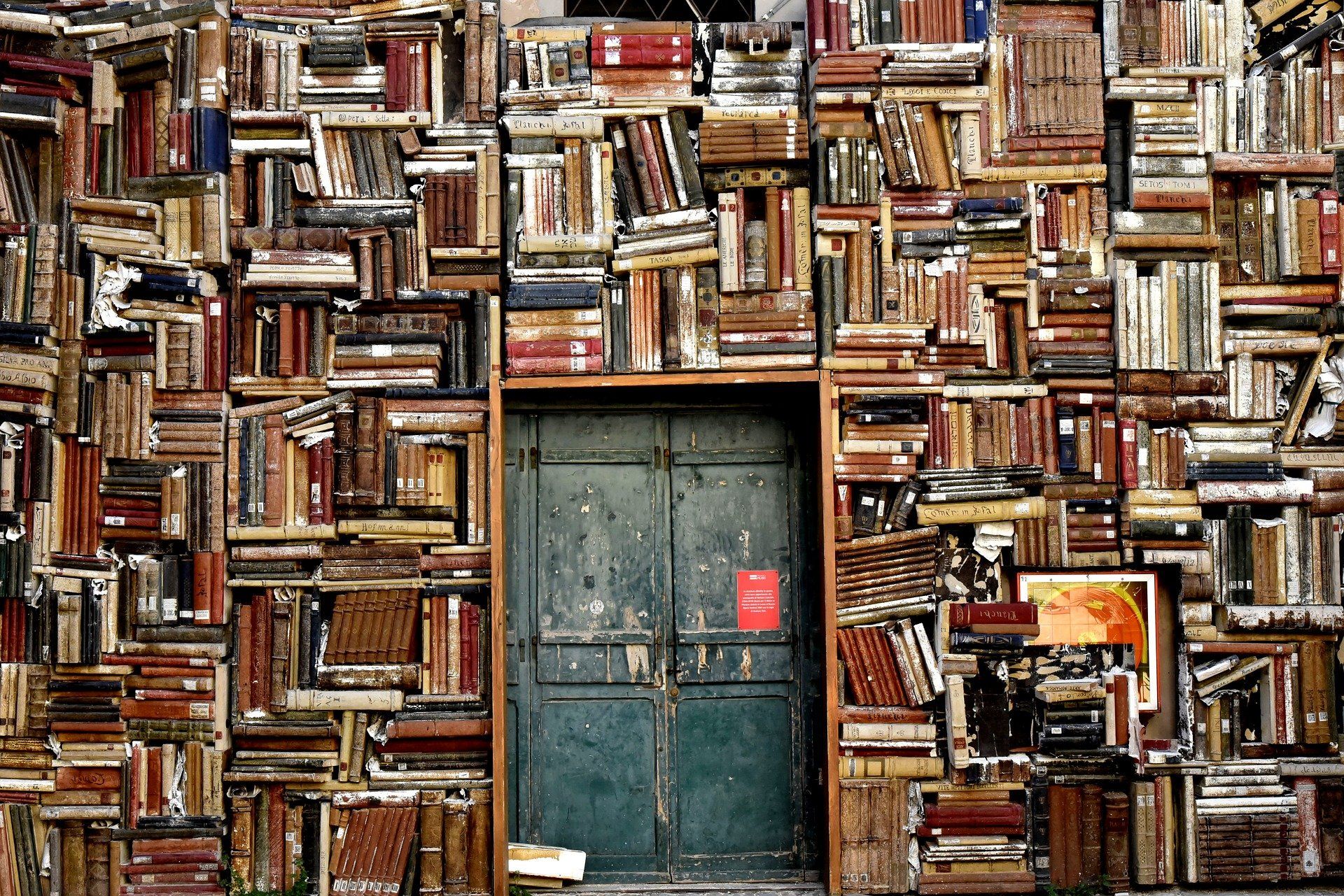 A door surrounded by books