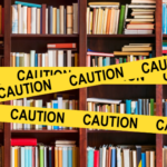 a graphic of caution tape over library shelves