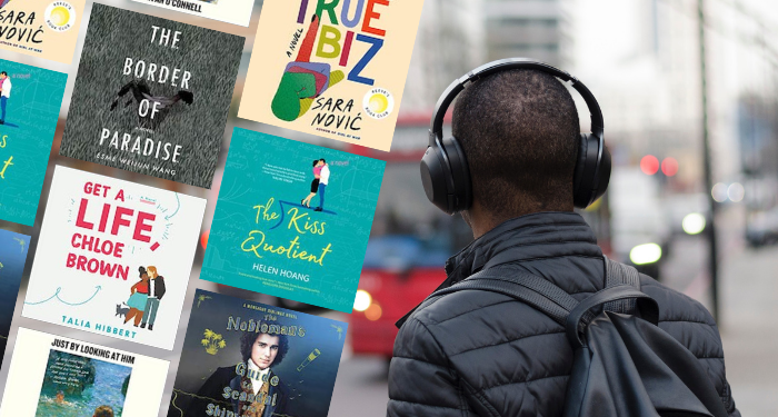 a collage of the audiobook covers listed beside a photo of a Black person with short hair listening to audiobooks