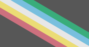 A graphic of the disability pride flag. The background is black with green, red, white, yellow, and blue lines running diagonally from the top left corner to the bottom right corner.