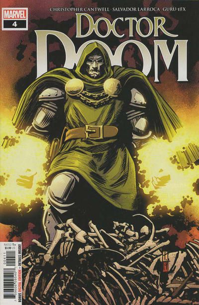 The cover of Doctor Doom #4. Doctor Doom stands in his armor and green cloak over a pile of bones. His fists are glowing with energy.