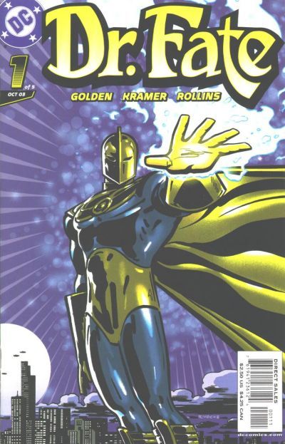 The cover of Dr. Fate #1. Dr. Fate, in a gold helmet and gold and blue costume, holds his hand out to the reader. It glows with magic.