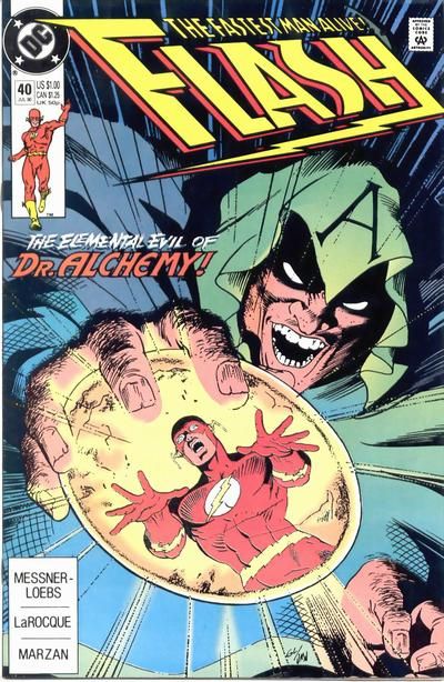 The cover of The Flash #40. Doctor Alchemy, in a green cloak with the letter A on the hood, grins triumphantly as he holds up his Philosopher's Stone, in which the Flash is trapped.
