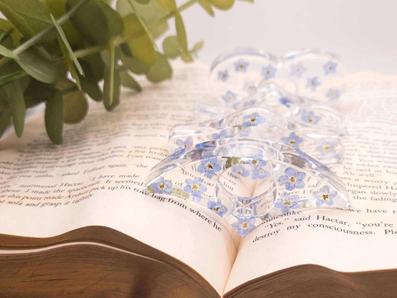 A clear acrylic book page holder with painted blue flowers