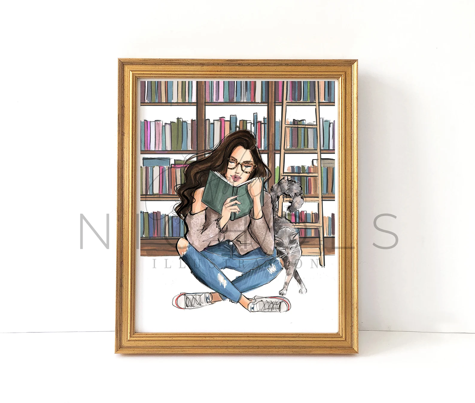 a print of a brunette reading a book in a library