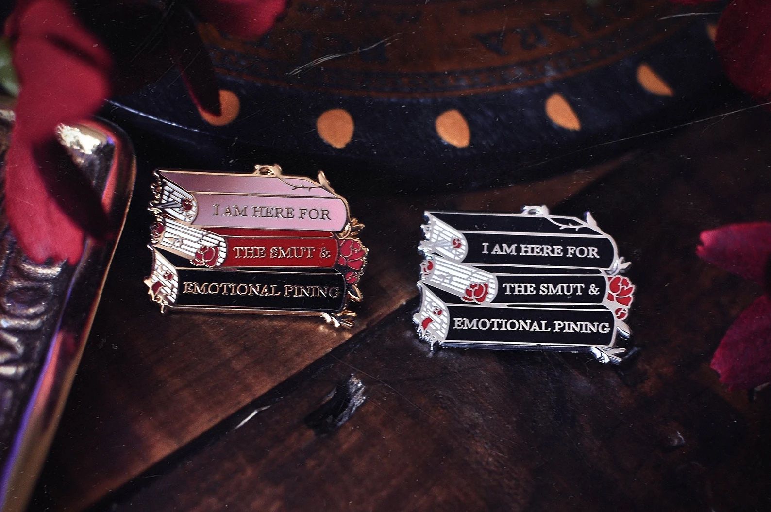 I am here for the smut and emotional pining enamel pin