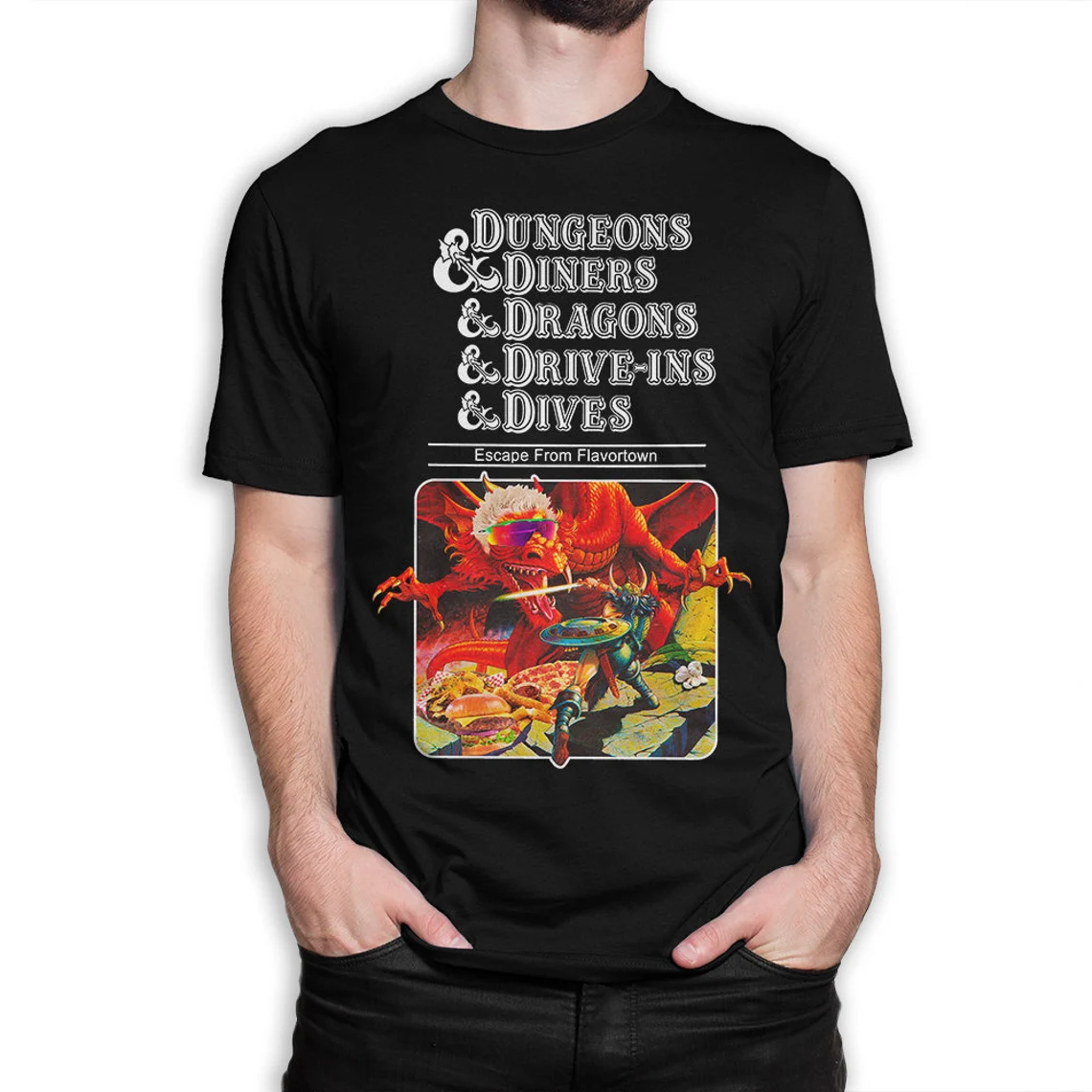 photo of a shirt that says "Dungeons & Diners & Dragons & Drive-Ins & Dives: Escape from Flavortown" and below the text is a picture of Guy Fieri as a dragon