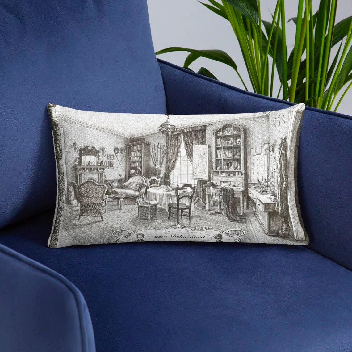 photo of a pillow with an illustration the interior of 221 B Baker Street printed on it on a blue couch