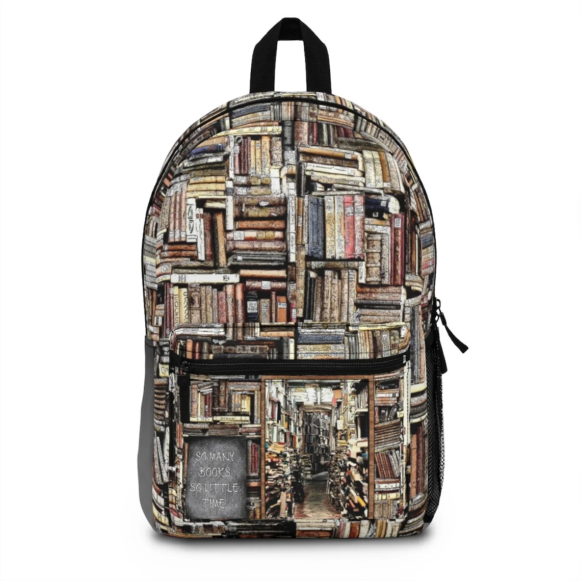 photo of a backpack decorated in illustrations of stacked books with the phrase "So many books, so little time" in the righthand 