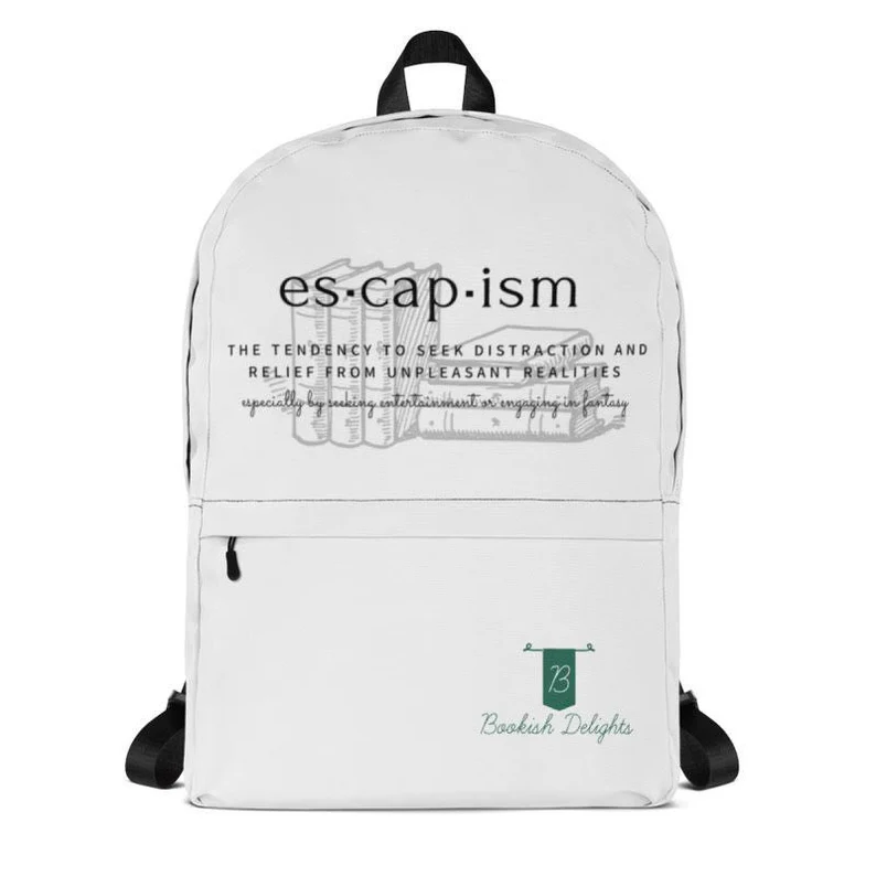 screenshot of a white backpack with the illustration of a stack of books with the following text overlaid on itL "es-cap-ism: the tendency to seek distraction and relief from unpleasant realities, especially by seeking entertainment or engaging in fantasy"