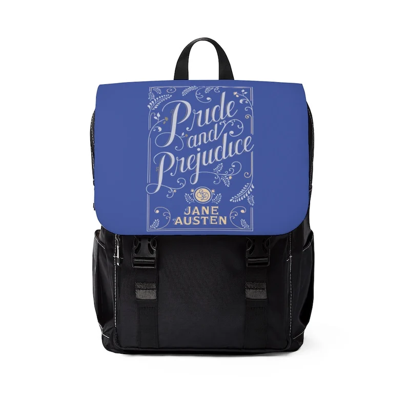 picture of a blue and black backpack that has the Pride and Prejudice cover on its front