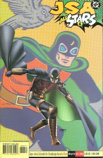 The cover of JSA All Stars. In the foreground, the current Doctor Mid-Nite, Pieter Cross, crouches while in costume. The background shows the original Doctor Mid-Nite, Charles McNider, with his pet owl Hooty.