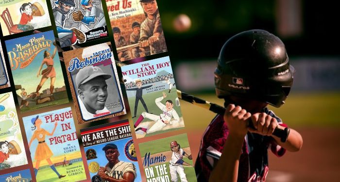 a collage of baseball kids books set against the background of a kid playing baseball