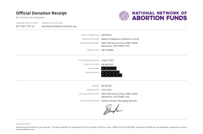receipt for a $2500 donation from Riot New Media Group to the National Network of Abortion Funds