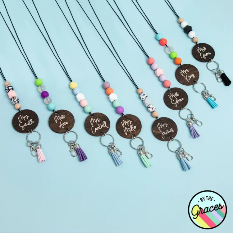 eight personalized ID badge lanyard with assorted beads and tassel attachments
