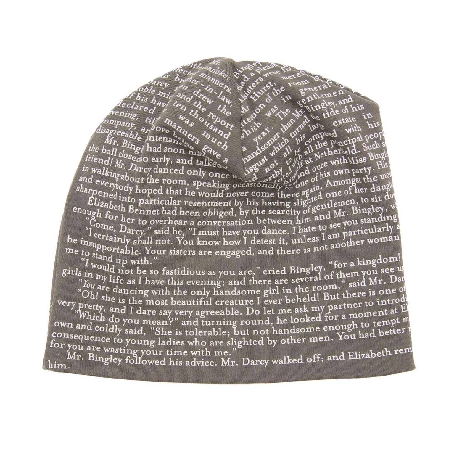 A gray hat printed with text from Pride & Prejudice.