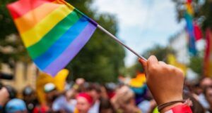 a photo of someone holding a rainbow flag with a crowd in the background