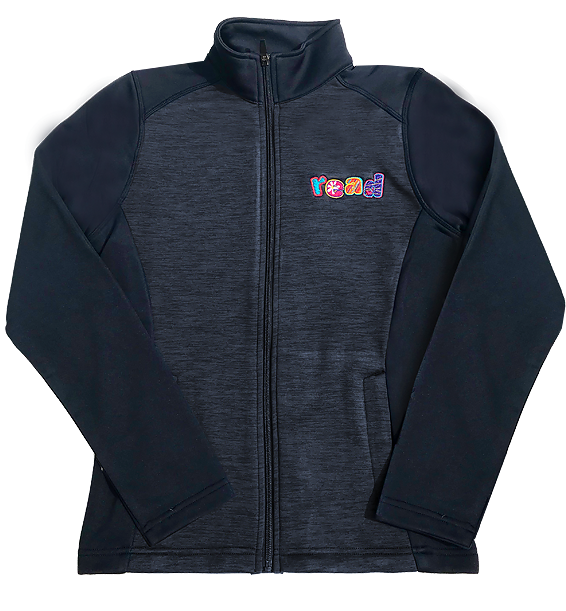 A black fleece pullover with the word "read" embroidered in colorful thread on the pocket.