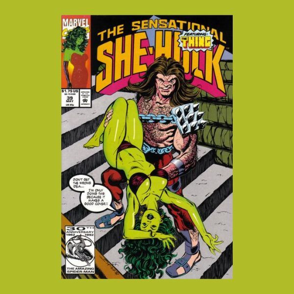 The cover of Sensational She-Hulk #39. As described in the post, She-Hulk is wearing a bikini and posing alluringly while being carried by Mahkizmo and saying “Don’t get the wrong idea...I’m only doing this because it makes a good cover!!"