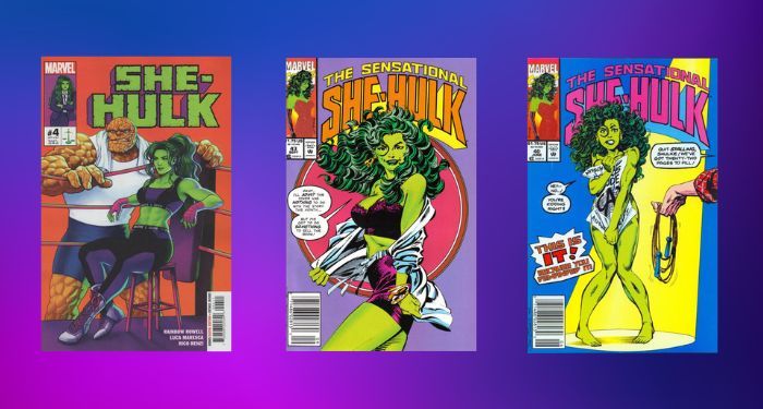 collage of three She Hulk comics covers