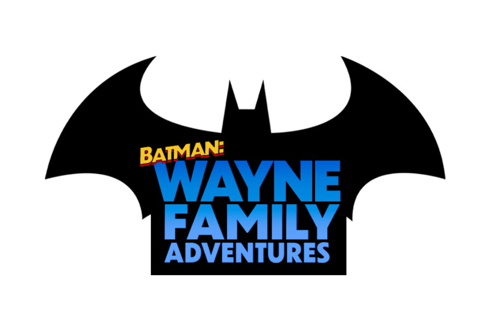 logo for Batman: Webtoon Way Family Adventures showing blue text on a black bat signal