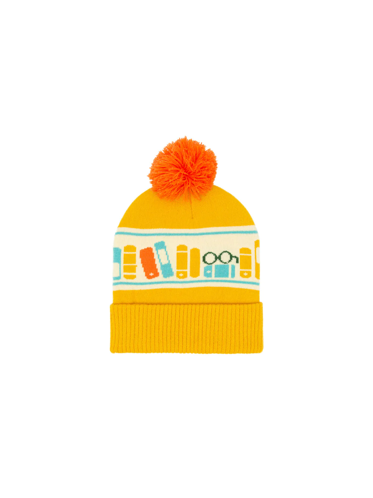 A bright yellow beanie with an image of a colorful books and an orange pompom.