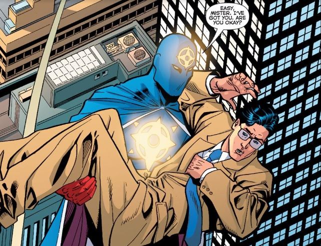 Supernova rescues Clark Kent, who just threw himself out of a window to get an interview with him a la Lois Lane.