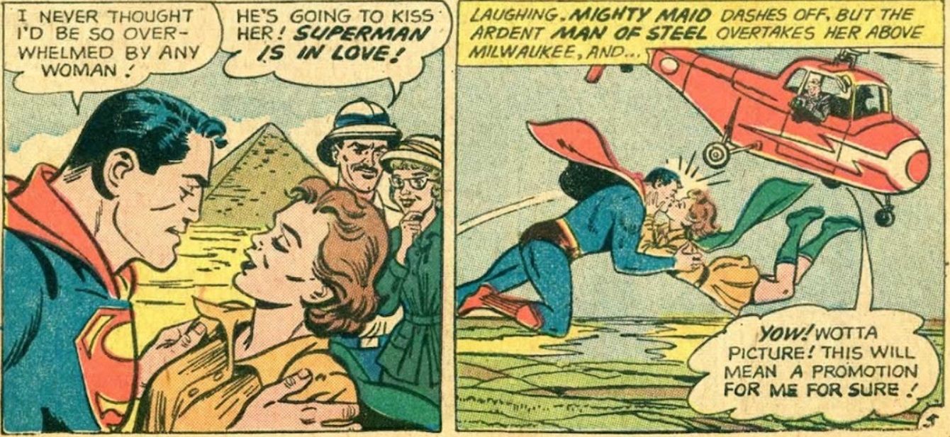 Superman professes his love for Mighty Maid and kisses her as a news copter sneaks pictures.