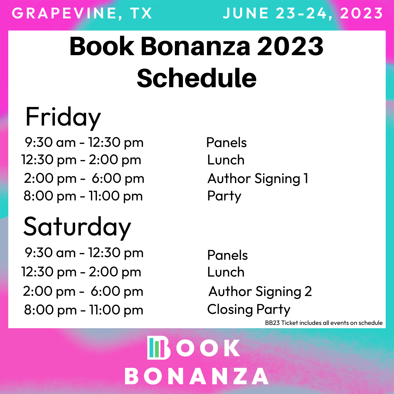 Book Bonanza 2023 schedule