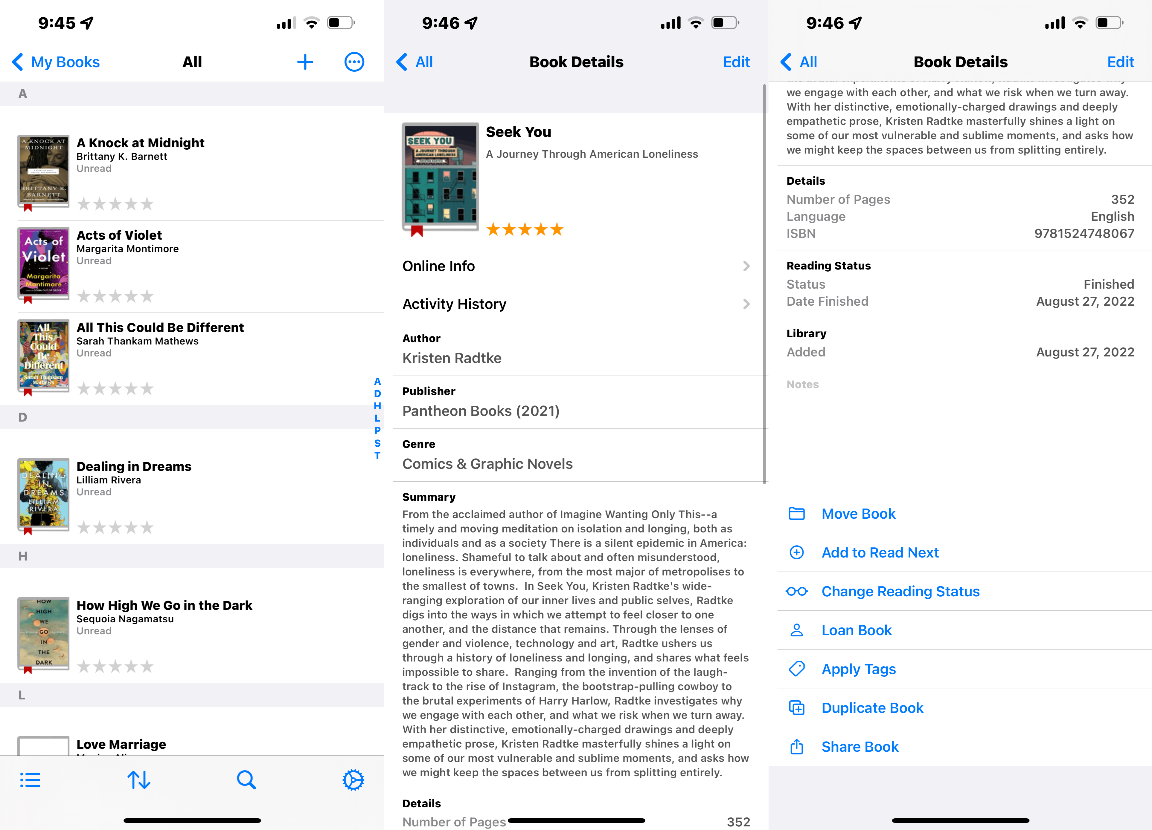 3 screenshots of the Book Buddy app showing the main library list, a book's individual page, and a menu option highlighting move shelf and loan book features. 