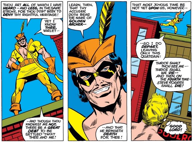 The Golden Archer stands on a rooftop and taunts a half-naked Steve Rogers with bad poetry.