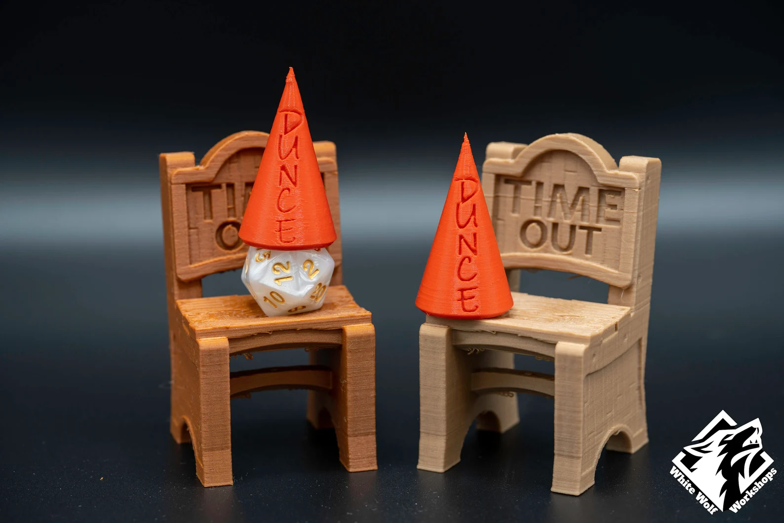 A photo of two small chairs with time out written horizontally on the backs of the chairs and orange conical hats resting on top. The hats have Dunce written vertically down the front. A white 20-sided dice wears the left hat and sits on top of the left chair. 