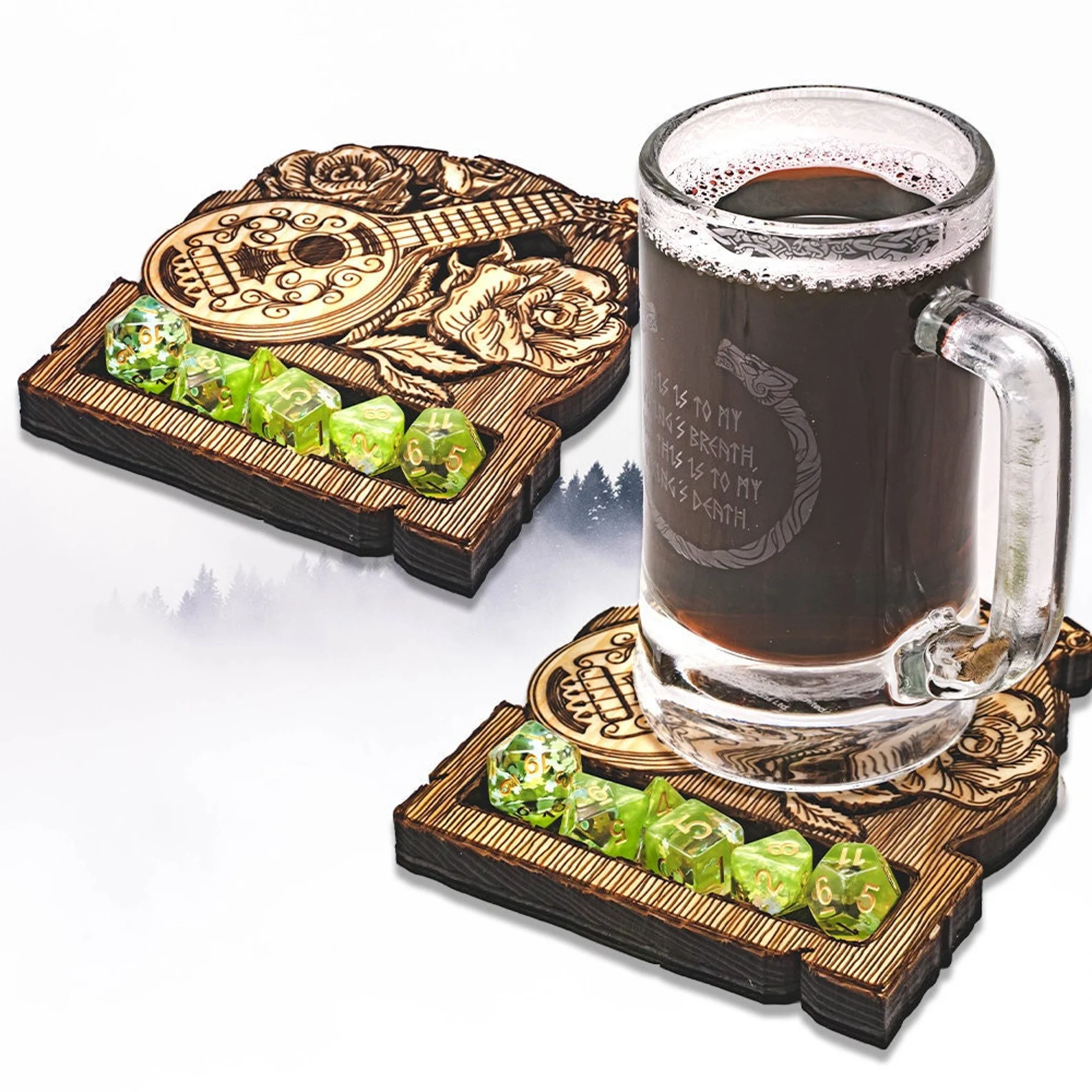 A photo of two wooden coasters with a string instrument and two roses engraved on them as well as a rectangular cavity for six green dice. a full drinking glass is on top of the bottom right coster. 