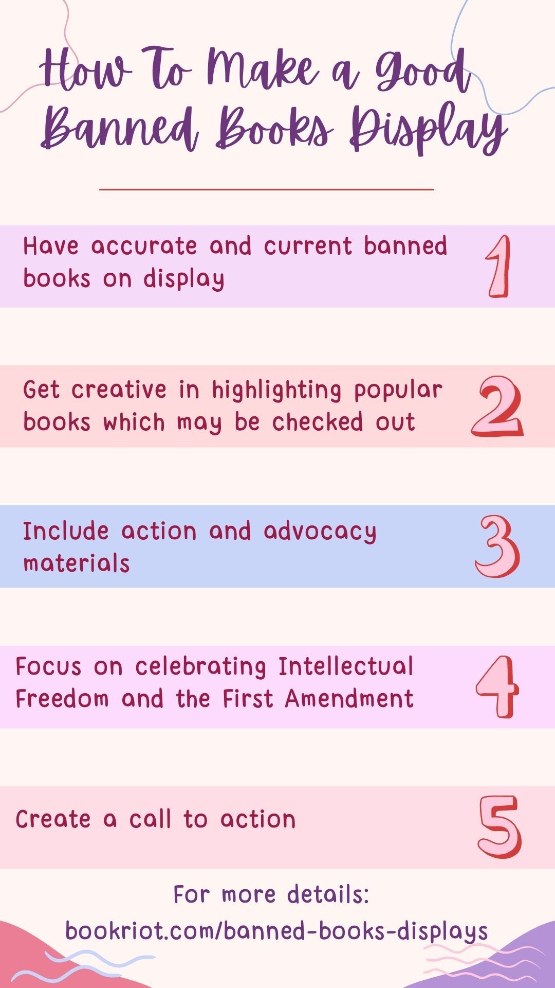 图形与5个关键步骤，使一个良好的禁书显示从文字上面。这张图用了粉红色、紫色和奶油色。