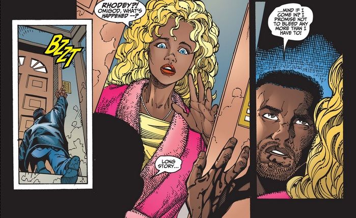 Rhodey crawls to the door of old friend Glenda, who is surprised to see him.