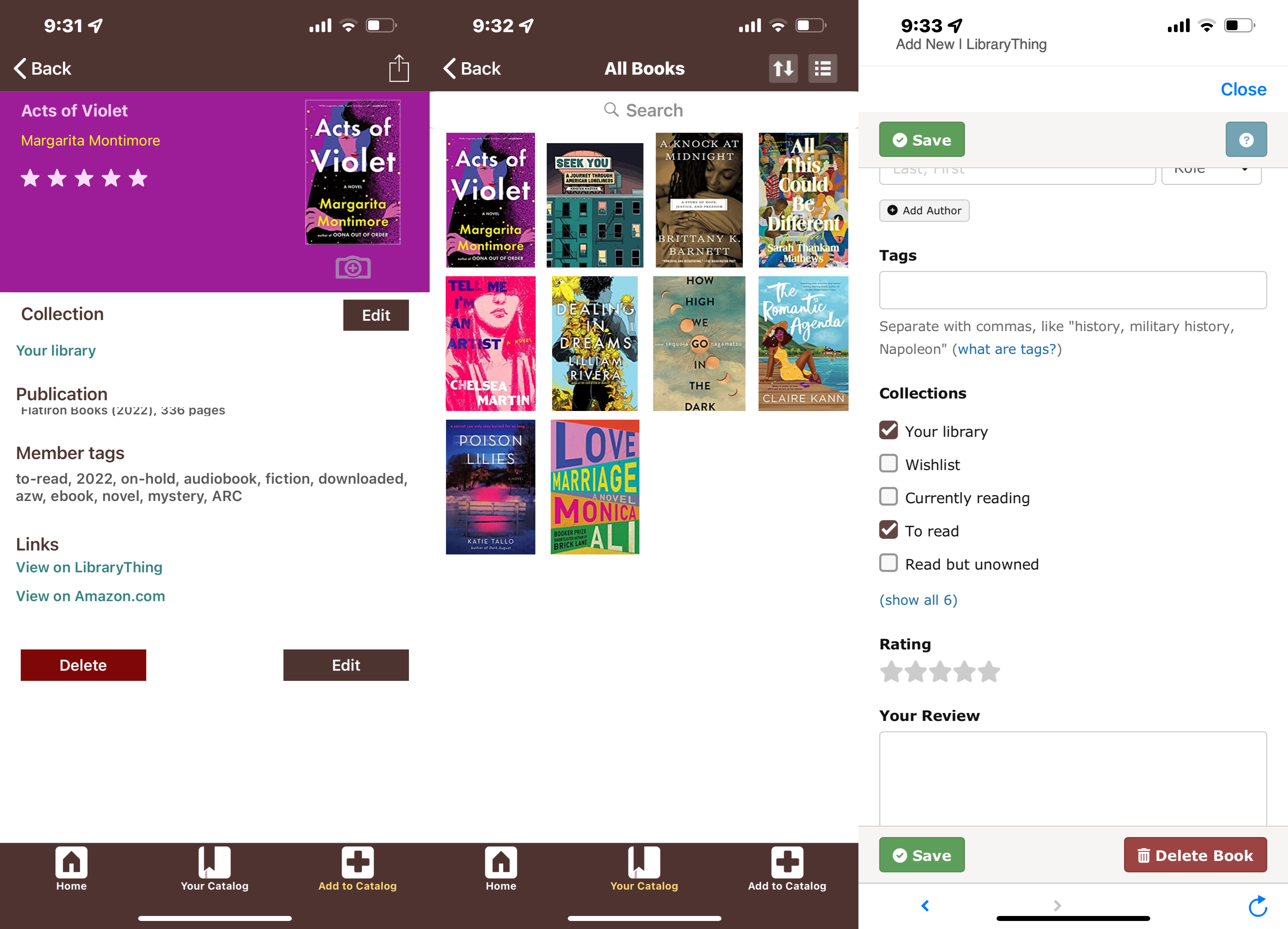 3 screenshots of the Library Thing app showing a book's main catalog page, general library homepage, and shelving system. 