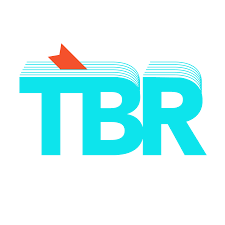 the TBR logo: the letters TBR in bright blue text with a red dart bookmark hovering over the T and B