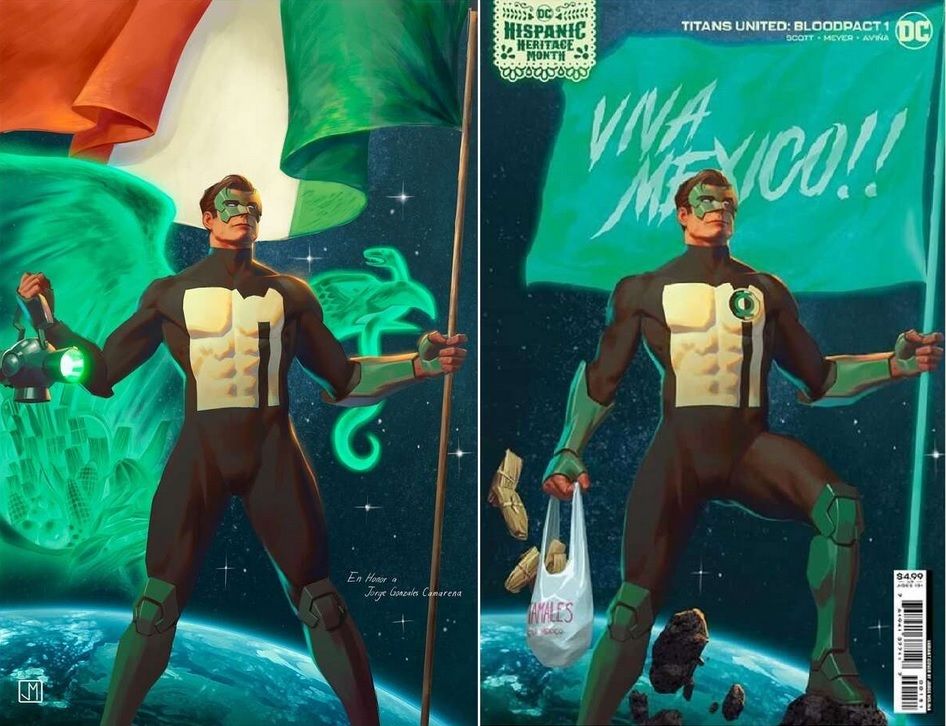 The original and "fixed" versions of the Titans United Hispanic Heritage Month covers.. The original features Kyle Rayner with symbols of Mexico. The redraw features him with a bag of tamales.