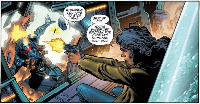 From War Machine #12. Glenda Sandoval shoots at an armored figure breaking into her plane in midair.