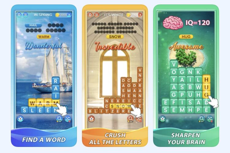 vaizdas, kuriame rodomi žaidimo ekranai iš Word Crush Fun Puzzle Game programos