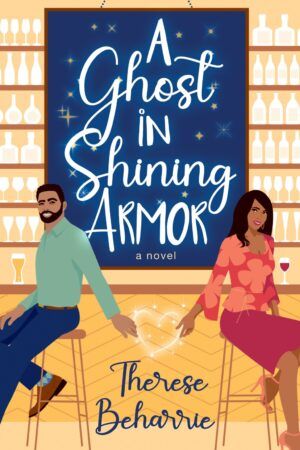 cover of A Ghost in Shining Armor by Therese Beharrie; illustration of a Black man in a green sweater and a Black woman in a red skirt sitting in front of a bar