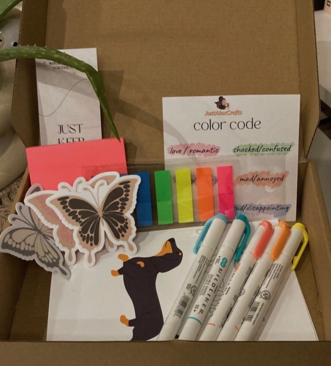 Book annotation kit featuring highlighters, a bookmark, stickers, and an annotation key.