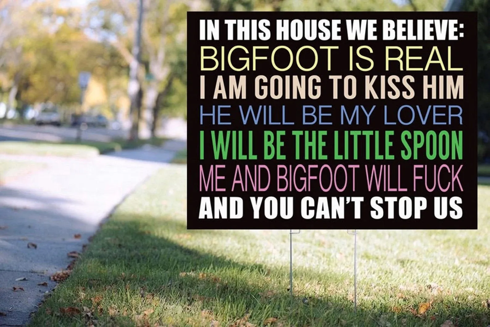 bigfoot lawn sign spoofing in this house we believe lawn signs